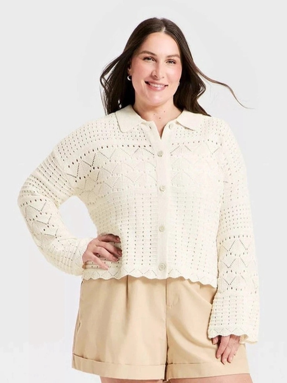 Coastal Pointelle Crochet Cardigan coquette Large NWT grandmacore knit sweater